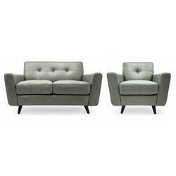 DFS - contemporary 'Camper' two seat sofa, upholstered in French grey leather with button back detailing, on splayed supports (W144cm, D84cm, H76cm); matching armchair (W90cm, D84cm, H76cm)
