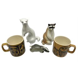 1970's Hornsea mugs, comprising Train Robber pattern designed by John Clappison and Owl from the ‘Newsprint’ Zoo range designed by Jack Dadd, and three USSR figures of animals comprising raccoon, ferret and badger