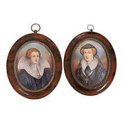 Pair of miniature portraits on ivorine, each depreciating Mary Queen of Scots, H12cm 