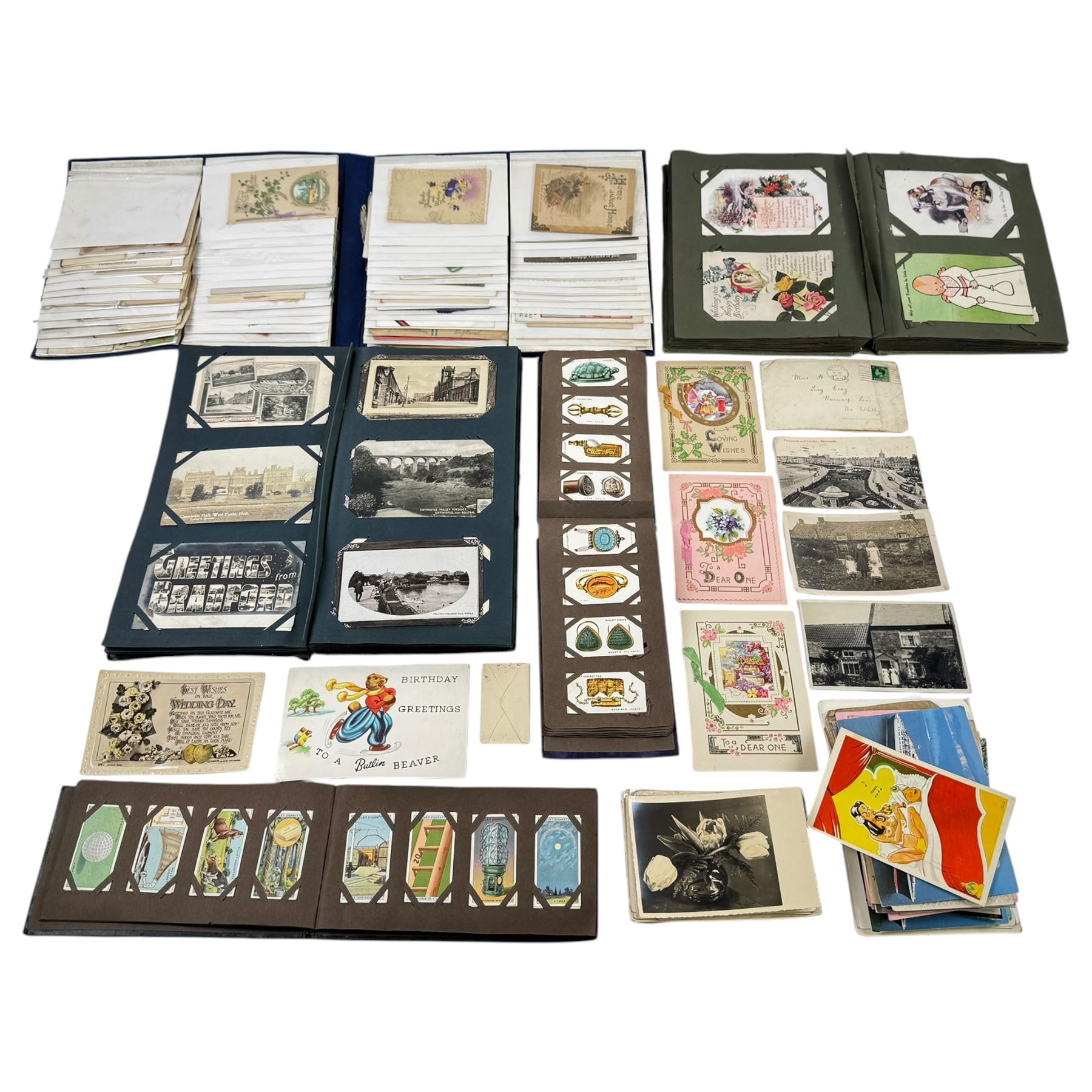 Postcards, greetings cards, and cigarette cards, including embroidered examples