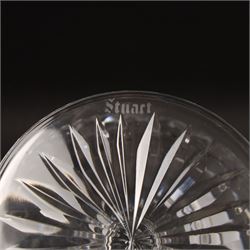  Suite of Stuart crystal Beaconsfield pattern table glass, comprising 6 claret glasses, 6 white wine glasses, 6 dessert wine glasses, 6 brandy balloons, 6 champagne flutes, and 9 whisky glasses