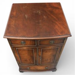 Reprodux - Georgian design pair of mahogany bow-front cabinets, moulded lifting hinged top, above a locking cabinet with drawer below, raised on bracket feet 
