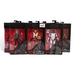 Twenty three Star Wars Black Series Red Wave action figures, comprising Han Solo, Snowtrooper, Imperial Shock Trooper, Tie Fighter Pilot, Chewbacca, Director Krennic, Sabine Wren, Sergeant Gyn Erso, Snowtrooper (Battlofront), Scarif Stormtrooper Squad Leader, Flametrooper, Kylo Ren, Constable Zuvio, Poe Dameron, Guavian Enforcer, X Wing Pilot Asty, Finn, Darth Vader, Stormtrooper, C-3P0, Captain Phasma and Jango Fett,  all boxed