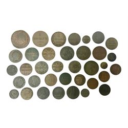 Thirty six late 18th century and onwards United Kingdom and World coins and tokens, to include 1772 Catherine II 5 Kopecks, Swedish quarter and half Skilling pieces dated 1809 and 1806, two Skilling Courant piece dated 1810, 1831 Isle of Man half penny token etc 