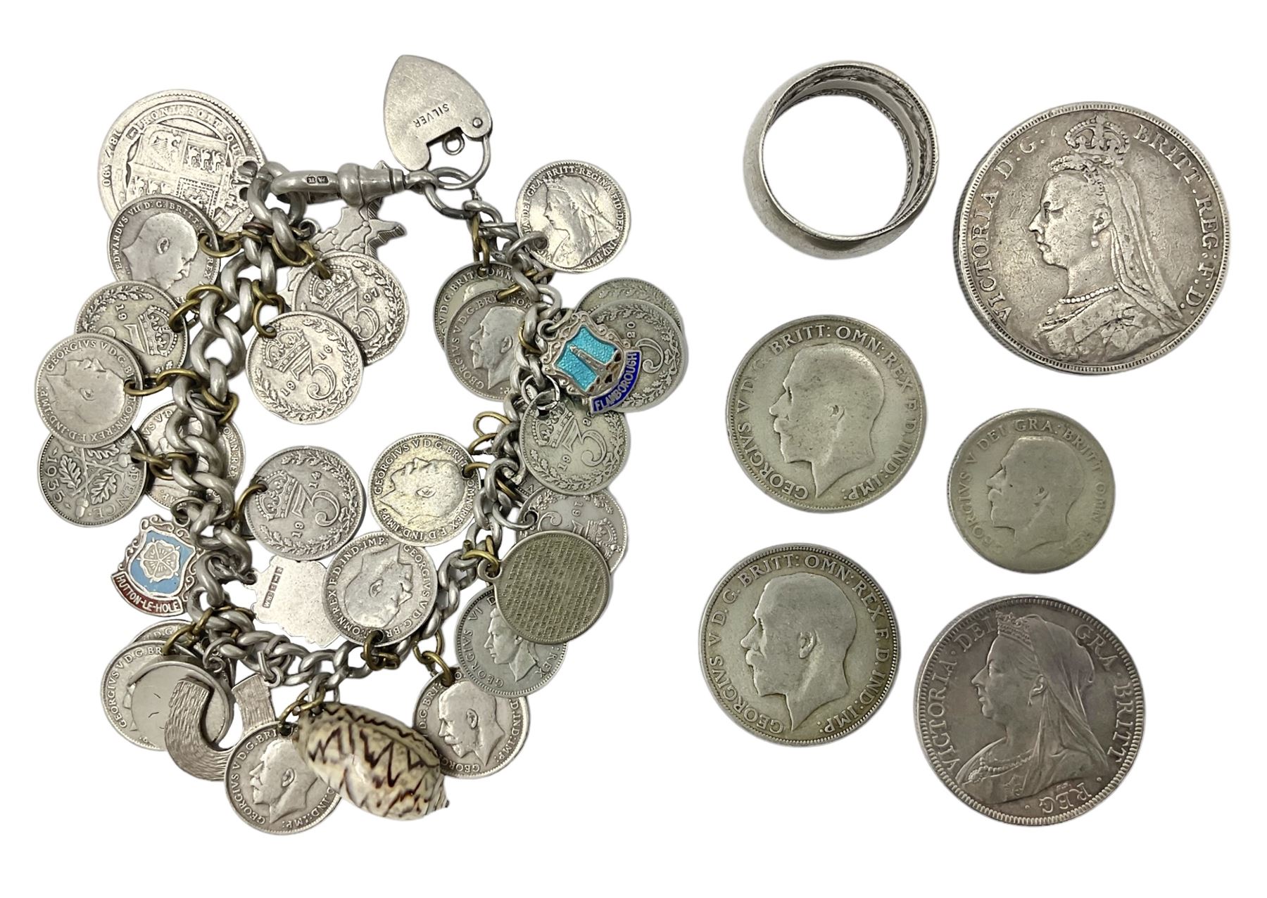 Queen Victorian 1891 crown, 1898 half crown, silver coin ring, silver coin bracelet etc