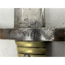 French model 1866 sabre bayonet, the 57.5cm curving blade marked St. Etienne 1873; in associated steel scabbard L71cm; and Mosin-Nagant M1891 socket bayonet with 43cm cruciform blade No.37068 (no scabbard) (2)