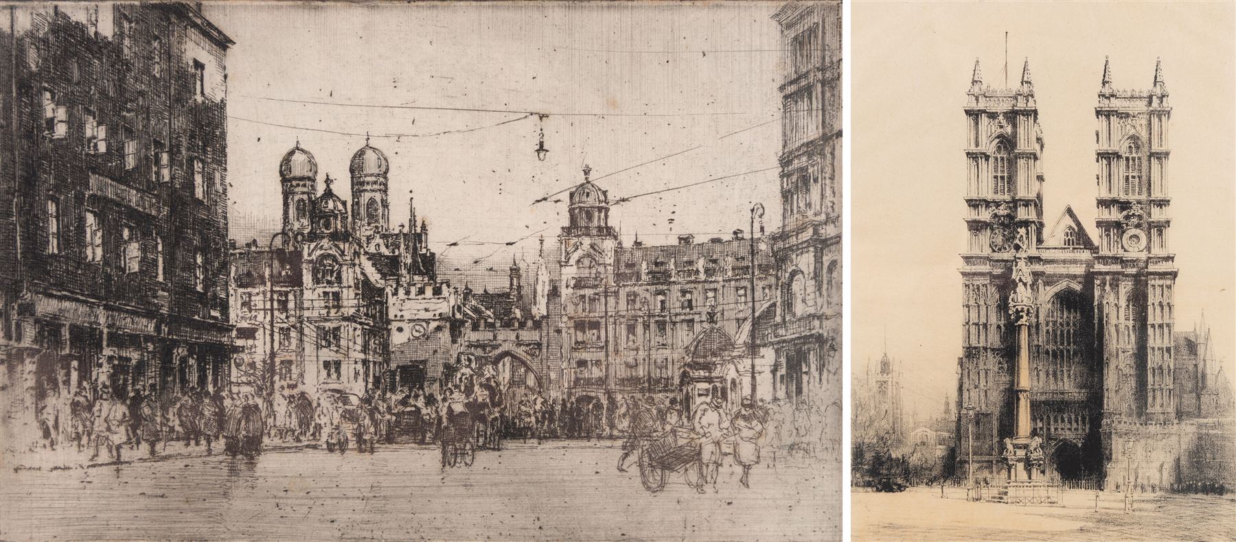 Luigi Kasimir (Austrian 1881-1962): Munich, etching signed in pencil 12.5cm x 19.5cm: Herbert Hampton (British 1862-1929): Westminster Abbey, etching signed in pencil 32cm x 23cm (2)