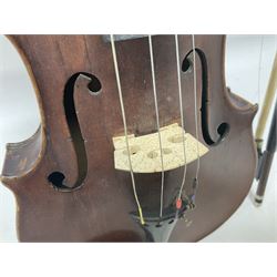 Full size violin and bow in a wooden constructed fitted case, back length 35cm, full length 60cm