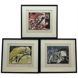 Morag Eaton (Northern British Contemporary): 'The Blacksmith's Wife of Yarrowfoot': 'Pulling out of Bed', 'In the Kitchen', 'Putting on the Bridle', set three limited edition relief prints signed titled dated '13 and numbered 3/10, 4/11 and 4/7, respectively, 19cm x 24cm (3)