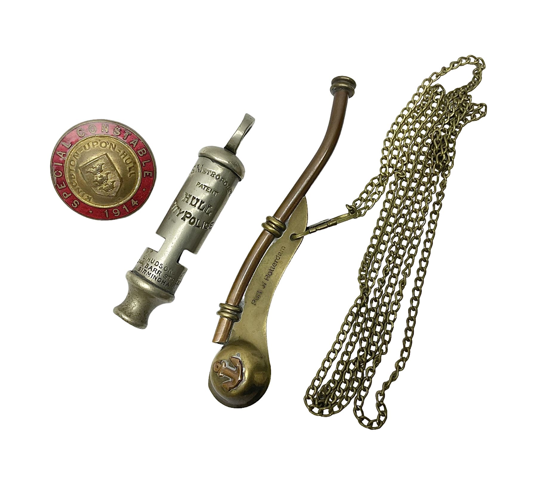 Bosun's whistle, together with Hull City Police whistle and brass and enamel badge detailed 'Special Constable Kingston Upon Hull 1914', (3)