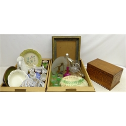  Art Deco style figural brass table lamp, glass & silver-plated decanter in the form of a duck, Miles Mason and four other early 19th century jugs, set of six green faceted port glasses, oak box and miscellanea in two boxes  