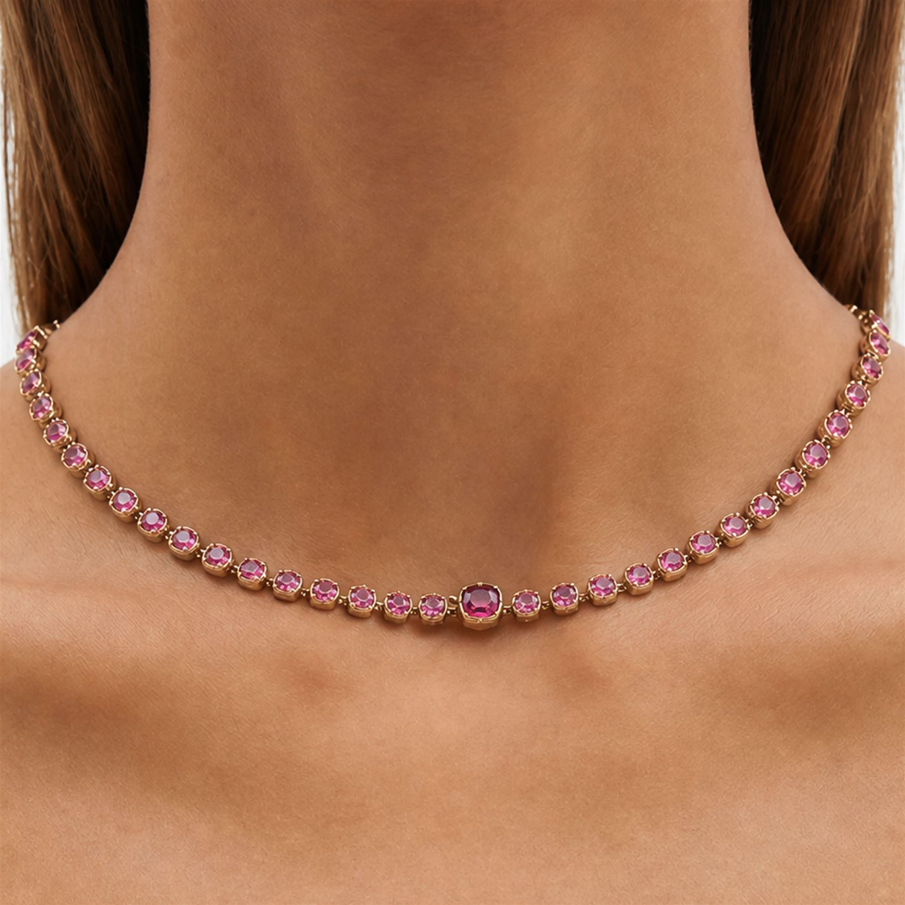 19th century gold garnet rivière necklace, set with forty-four graduating cushion cut rhodolite garnets (possibly doublets), in a velvet and silk lined case by Ollivant & Botsford, Manchester