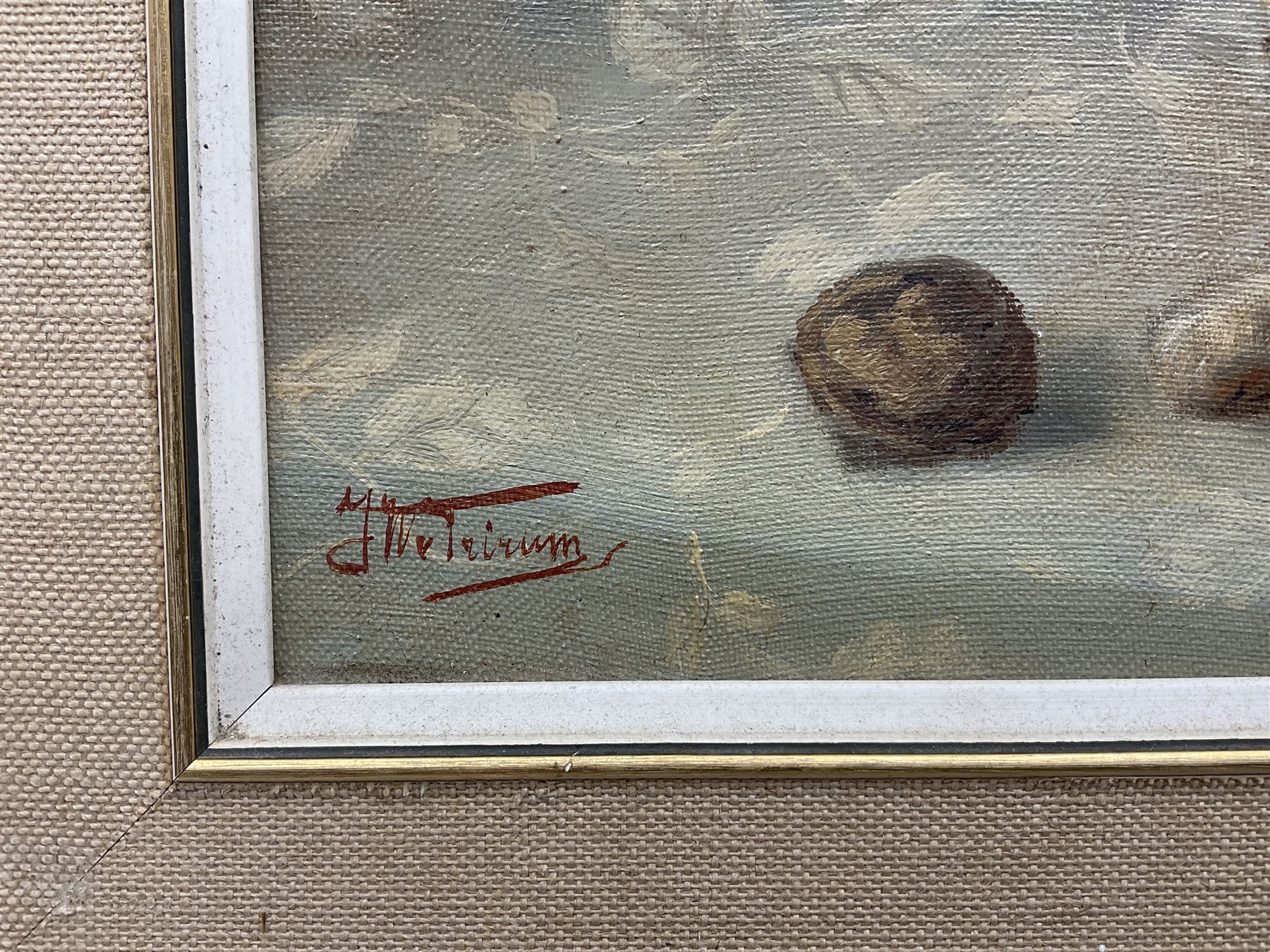 Johannes Wouterus Van Trirum (Dutch 1924-2011): Kittens and a Pesky Walnut, oil on canvas signed 18cm x 38cm 
