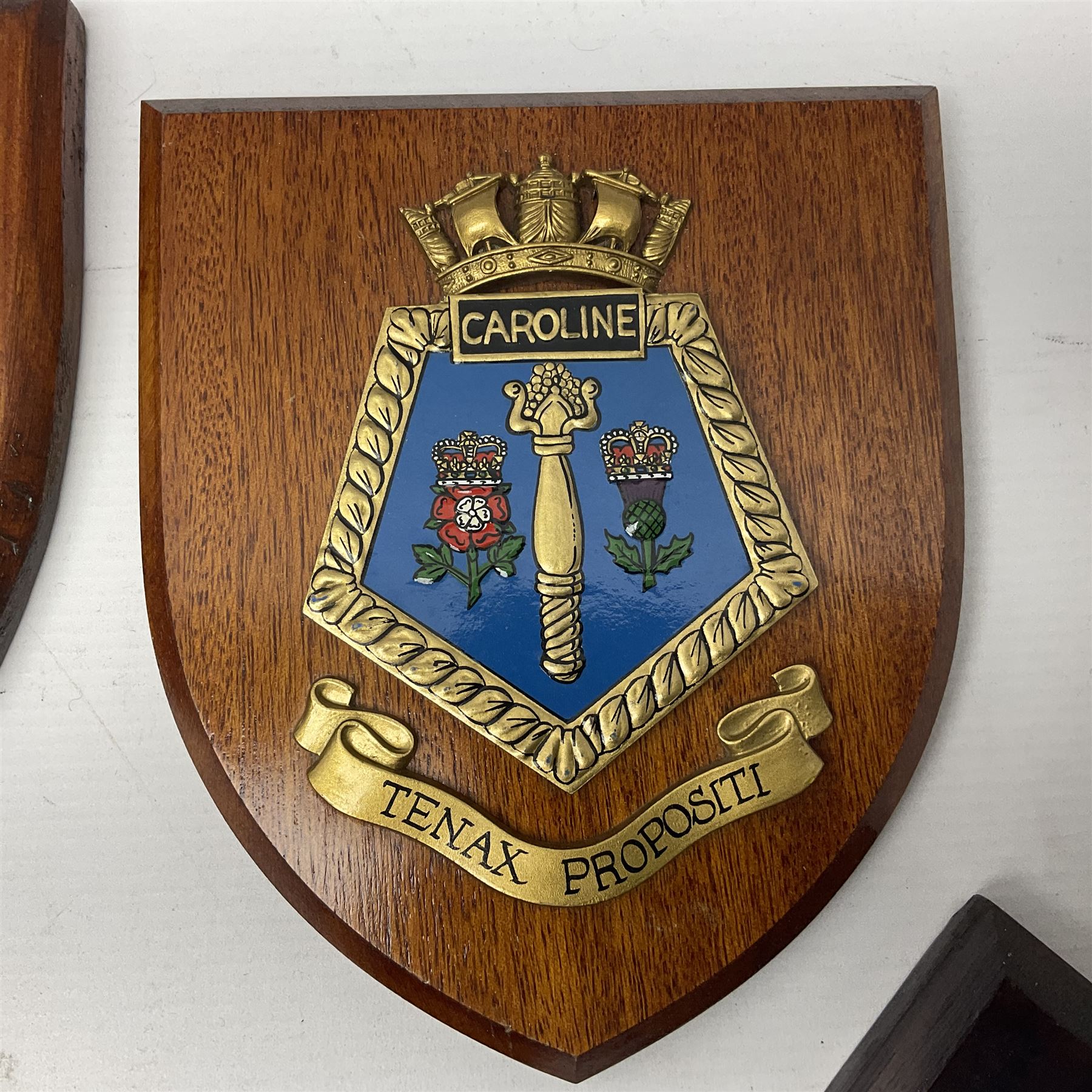 Six Naval wall shields, including HMS President, Vanguard, HMS Kilmorey etc, and another plaque 