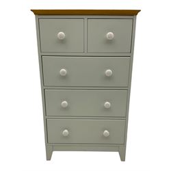 Chest of drawers, fitted with two short and three long drawers, finished in duck egg blue with oak top
