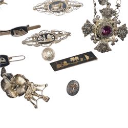 Silver fancy link bracelet, stone set jewellery including cross pendant necklace, silver thimble, Siam silver bracelet and brooches