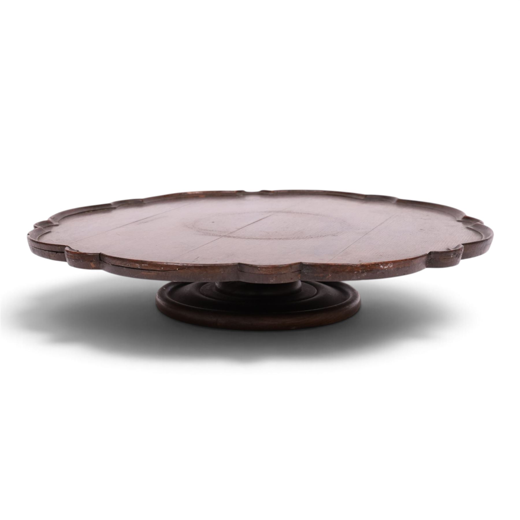 19th century oak scalloped tray, on lazy susan revolving on an circular base, D56cm