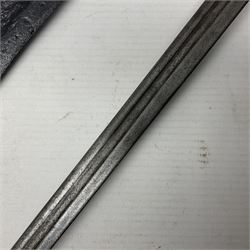 WWI Prussian S98 bayonet with 52cm fullered steel blade dated 1906 to pipeback and marked Solingen to ricasso, regimentally stamped to cross guard 56.R.11.2. for 56 Infanterie Regiment, 11 Kompanie, Waffe 2, L65cm overall; and another in battlefield relic condition (2)