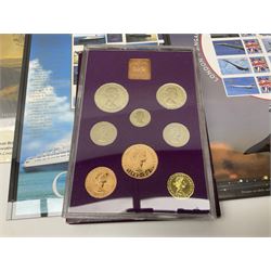 Coins and stamps, including The Royal Mint Great Britain 1970 coin set in plastic holder, 2006 'Brunel' coin cover containing two commemorative two pound coins, Alderney 2006 sterling silver proof five pounds, two 2007 five pound coins in card folders, two limited edition mint first class stamp sheets each comprised of ten first class stamps, various first day covers many with special postmarks housed in 'Royal Mail' boxes etc
