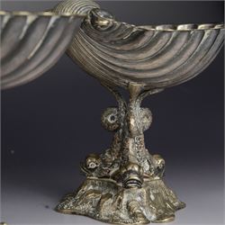 Pair of Victorian silver plated comports, with clam shell bowls supported by three dolphins upon a rocky base, H12cm