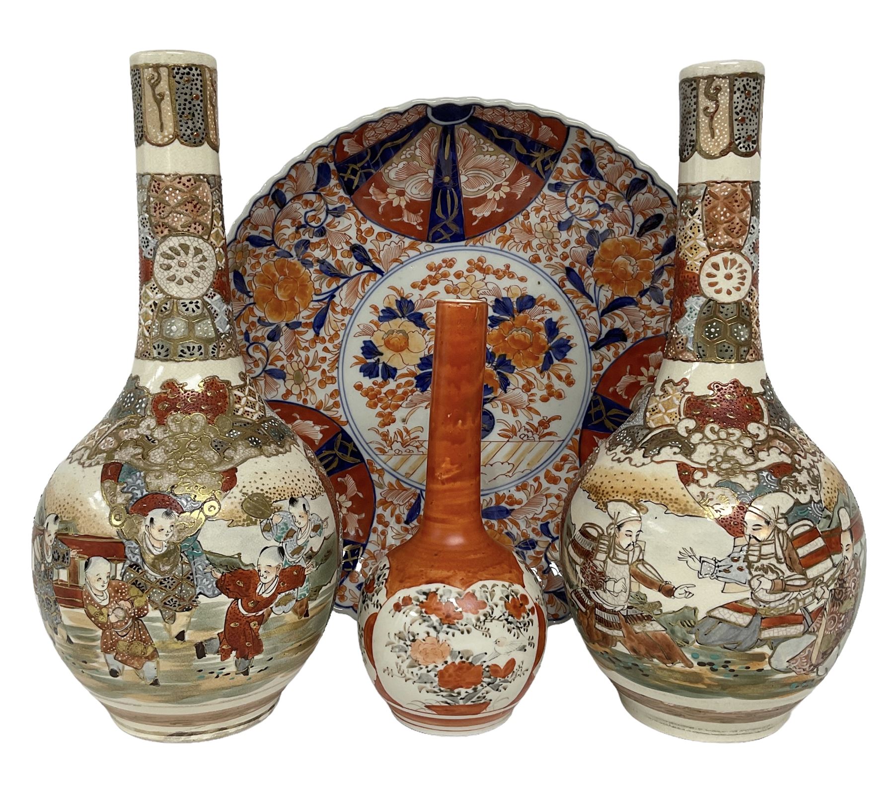 Collection of Japanese ceramics comprising pair of Satsuma vases decorated with panels depicting children and samurai figures, together with a Kutani vase painted with birds and flowers, all with painted character marks beneath, and an Imari plate, largest vase H31cm