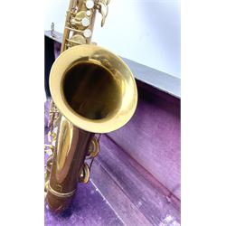 Brass tenor saxophone by Adolphe SAX, 84 Rue Myrha, Paris,  No.938 serial number 12097, H75cm excluding crook; in hard carrying case bearing plaque for Henri Selmer