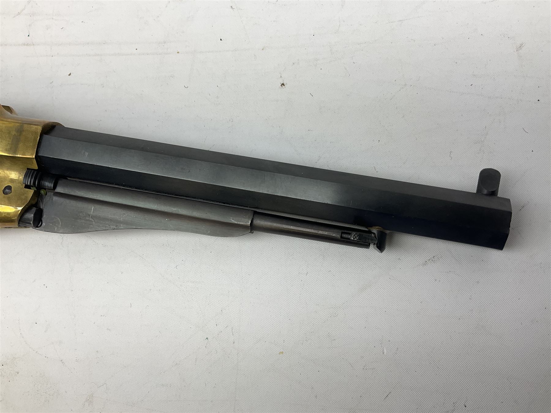REGISTERED FIREARMS DEALER ONLY Modern Remington .44 calibre percussion brass framed army revolver, possibly by Uberti, with 16cm octagonal barrel, No.225; partially deactivated to old specification with no certificate L36cm overall - Disposed 25.06.25 - Notified 24.07.25