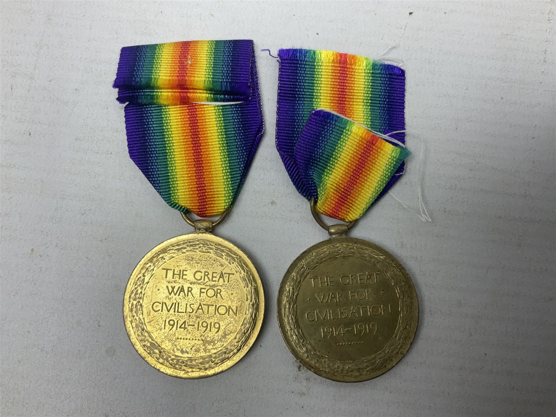 Five WW1 Lincolnshire Regiment Victory Medals awarded to 42327 Pte. T Davison; 29878 Pte. J.W. Simpson; 21702 Pte. H. Archer; 41348 Pte. J.A. Hart; and 9874 Pte. N. Ellis; some biographical information; all with ribbons (5)