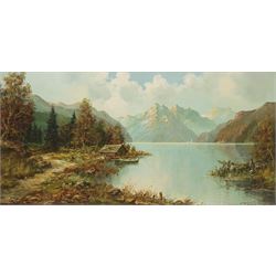 Continental School (20th century): Fjord Landscape with Fishing Hut, oil on canvas signed indistinctly 49cm x 100cm