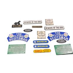 Collection of cast iron signs, including The Flying Scotsman, Quite please, Shell etc 