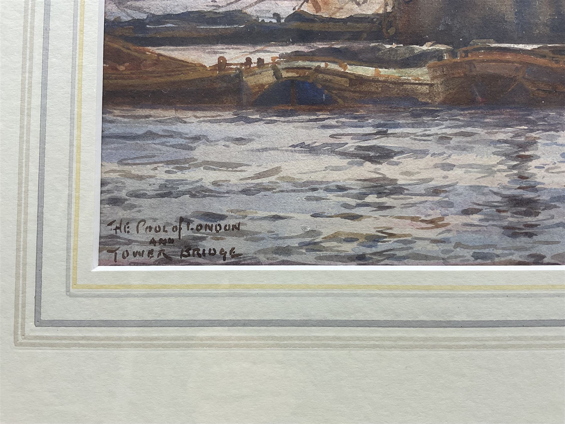 Frederick William Scarborough (British 1860-1939): 'The Pool of London and Tower Bridge', watercolour signed and titled 34cm x 72cm 