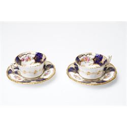 Grainger Lee & Co Worcester teacup, together with a collection of cobalt blue cabinet cups and saucers,  including a Royal Doulton hand-painted example by E Percy, and various others 19th century and later, mostly unmarked (7 pairs)