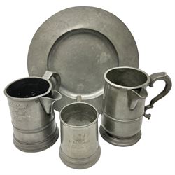 18th century pewter plate, with stamped London Superfine and crowned rose mark verso, together with two 19th century pewter side pouring tavern quart mugs, each indistinctly engraved (one 'R Harding Feathers'), and a glass bottom pewter engraved Fenwick, Winner of High Jump and Throwing the Hammer, Eton 1886, plate D30cm