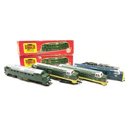 Hornby Dublo - four re-painted items comprising two-rail 2232 Co-Co Diesel Electric locomotive 'Ballymoss' No.D9018, boxed; two-rail Co-Bo Electric Diesel locomotive for re-assembly, in associated box; another locomotive D9010 for re-assembly; and a 'Tulyar' No.55015 locomotive body; both unboxed (4)