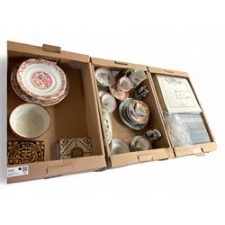 Collection of English and continental ceramics, including tiles, teacups, figures and othe...