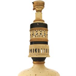 Pair of table lamps, the central column with gilt and and black bands and a foliate boarder, with cream shades, H58cm without shades 