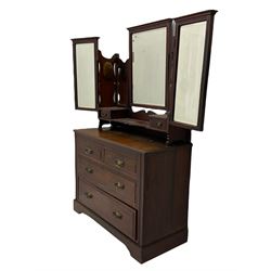 Edwardian walnut dressing table, fitted with two short and two long drawers, triple mirror back