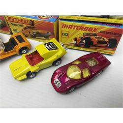 Matchbox 1-75 Series 'Superfast' ex-shop stock - eight models comprising 45c Ford Group 6, 52c Dodge Charge Mk.III, 53d Tanzara, 54c Ford Capri, 56c Pinifarina, 58d Woosh 'n' Push, 60c Lotus Super Seven and 62d Dragster; all boxed (8)