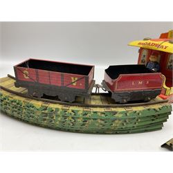 Chad Valley '0' gauge - clockwork tin-plate train set comprising LMS 0-4-0 tender locomotive No.3402 with two open wagons, loop of track and wooden signal; unboxed; and Japanese battery operated tin-plate Broadway Trolley bus No.10430