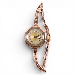 Early 20th century 9ct rose gold manual wind wristwatch, on expanding 9ct rose gold bracelet