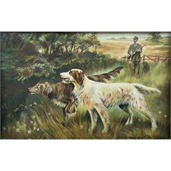 HA Tate (British 19th/20th century): 'Sheffield' Gun Dogs, oil on canvas signed and dated 1903, titled verso 19cm x 29cm