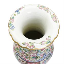 Large pair of 19th century Cantonese famille rose vases, each painted with various courtly scenes, including a display of warriors fighting on horseback before an official and his attendants, double Buddhist lion handles and applied at the shoulders with chilong, the lower band painted with Greek key motif, H58cm (2)