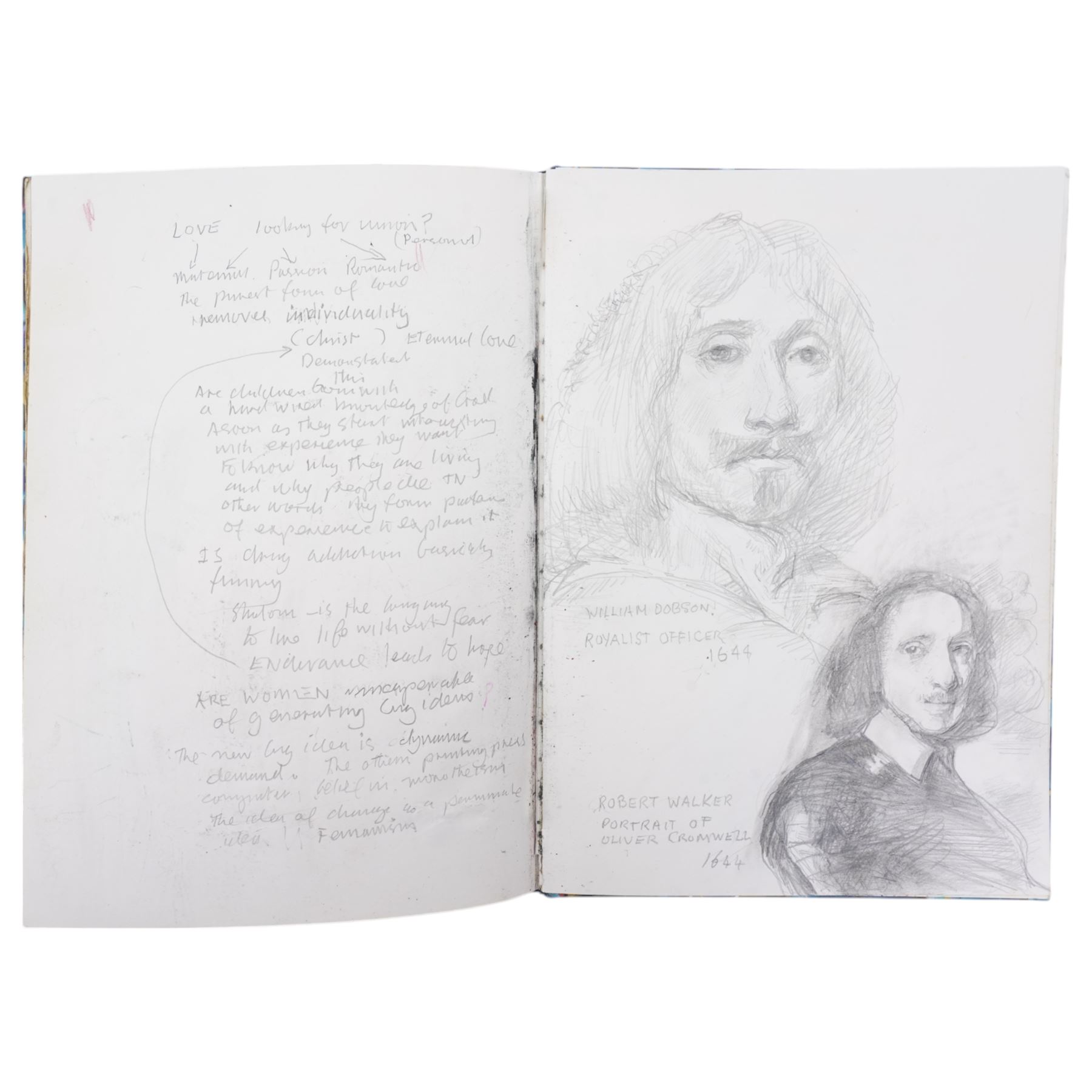 John Gilbey Bowles (British 1929-2011): Artist's Sketchbook - Surreal Art History Conversations, sketchbook containing thirty-four pages of pencil pastel and mixed media sketches of an art historical theme with interactions between famous paintings by different hands, most signed and dated 2008
Notes: examples include Edvard Munch's 'The Scream' reacting to a drawing by LS Lowry of street fighting; Albrecht Durer's drawing of a man dreaming of the Matisse line drawing; Hieronymus Bosch's 'The Last Judgment (detail) overseeing 'the Bacchanale Anglais' by Thomas Rowlandson; Toad of Toad Hall from the Wind in the Willows singing the praises of Henry VIII by Hans Holbein; a drawing by Leonardo Da Vinci admiring the humour in the drawing by LS Lowry; a Henry Moore drawing dreaming of a Thomas Rowlandson composition etc.