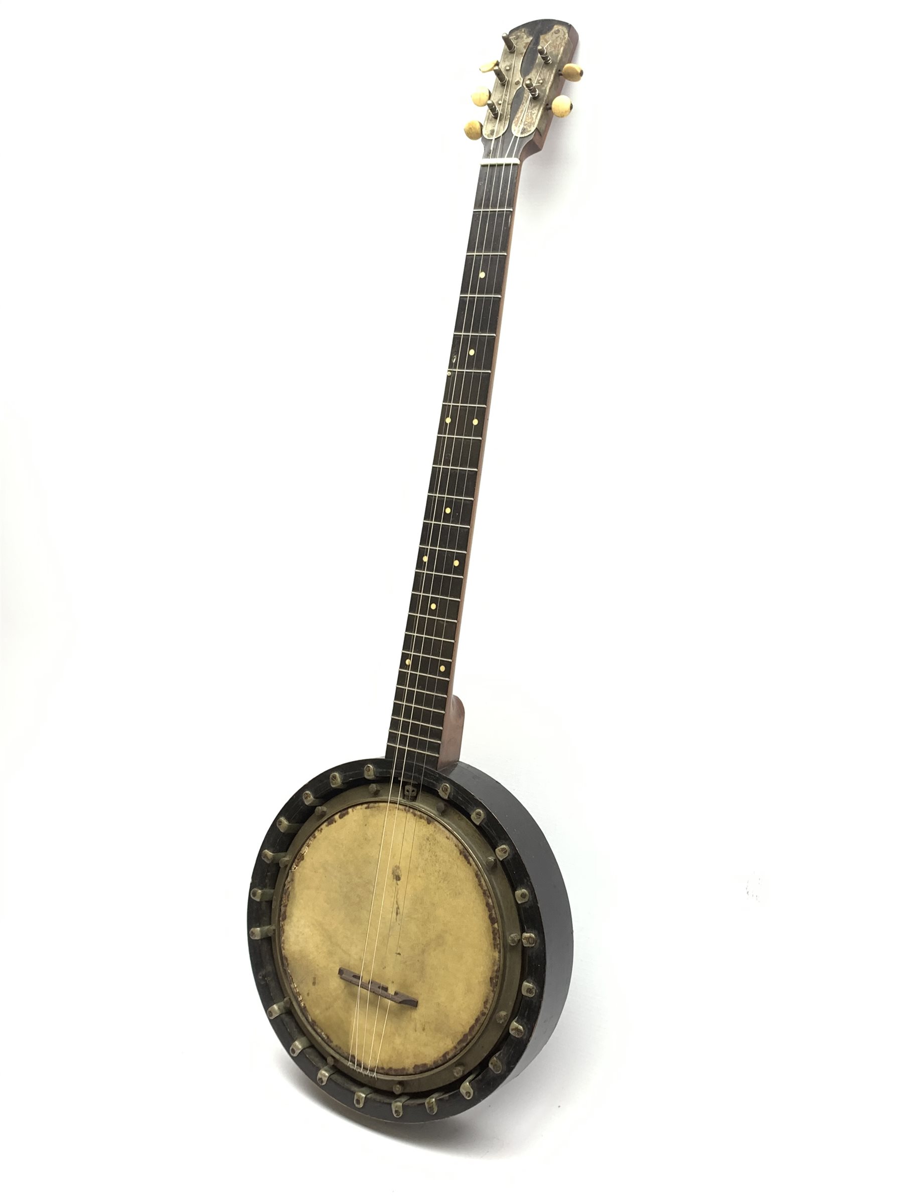 Early 20th century fivestring banjo with ebonised frame and walnut