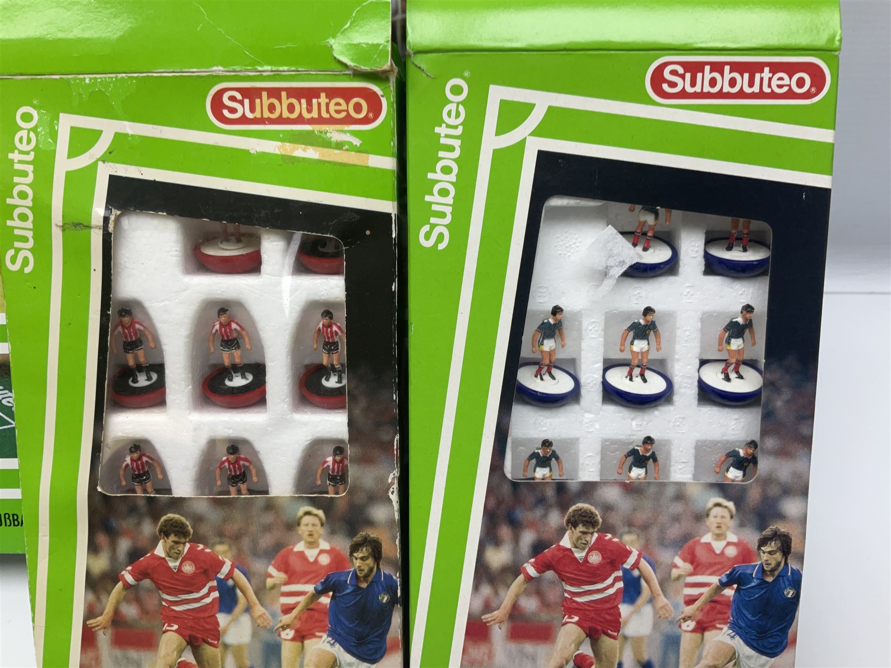 Subbuteo - table football game with plain red and blue teams; looks to be unused in box; six individually boxed additional teams comprising 779 Leeds United 2nd, 770 Manchester United 1993 Premier League Champions, 703 Southampton, 680 Scotland, 287 Notts County/Espinho/Doxa/Grimsby Town and 030 Berwick/East Fife/AEK/Hull City/Lierse; and Corinthian/Tetley Match of the Day Dream Team set of twelve figures on stand
