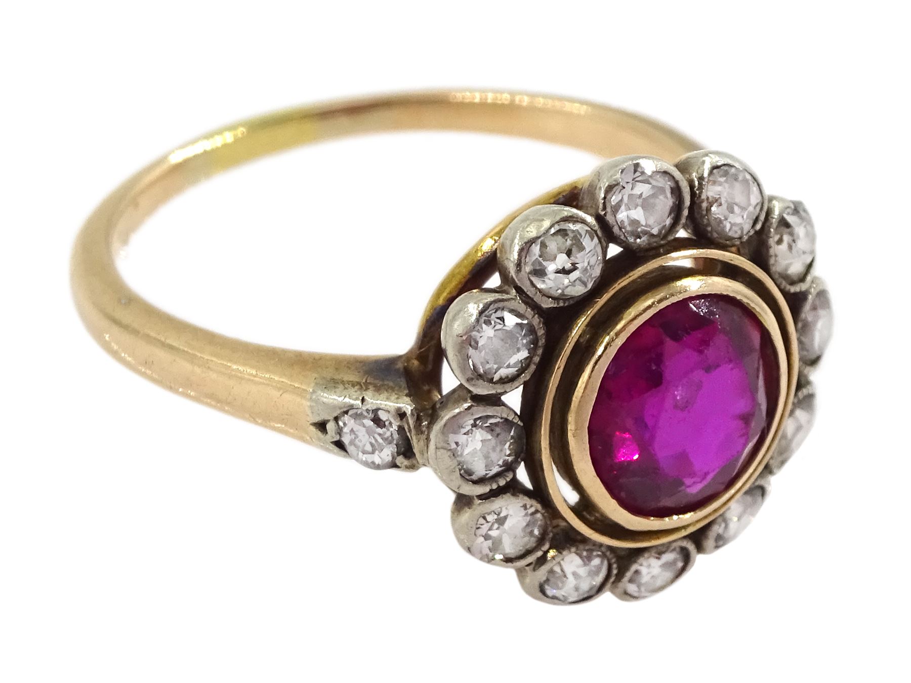 Early 20th century 15ct rose gold round synthetic ruby and milgrain set old cut diamond cluster ring, with diamond set shoulders