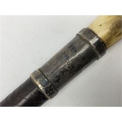 Gentleman's hunting whip, with horn handle and hallmarked silver collar, leather thong and lash, approximate L175cm