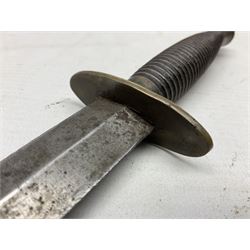 Fairburn and Sykes Commando fighting knife, 3rd pattern with 17cm double edged blade and copperised grip; no markings; in cut-down plain leather sheath L31.5cm