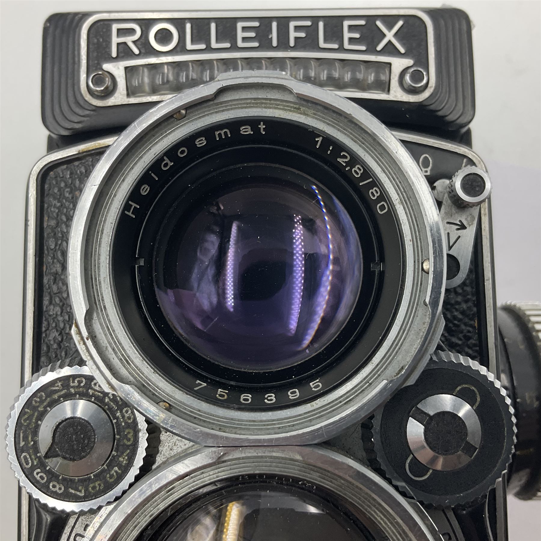 Rolleiflex Series E twin lens camera body, serial no. 1623867, with 'Planar 1.28 f-80mm' lens and 'Heidosmat 1:2.8/80' lens 