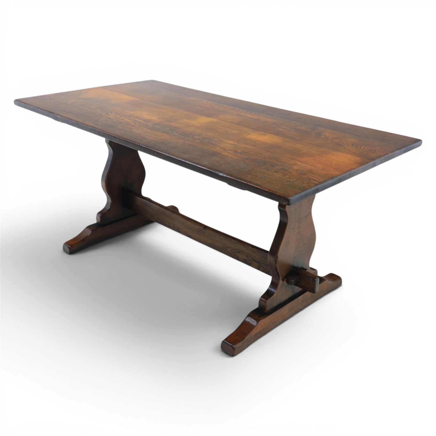 17th century design oak refectory dining table, rectangular table on stretcher base with shaped ends 